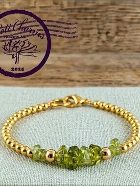 Natural Bright Green Peridot Chips & Gold Ball Beads Bracelet
